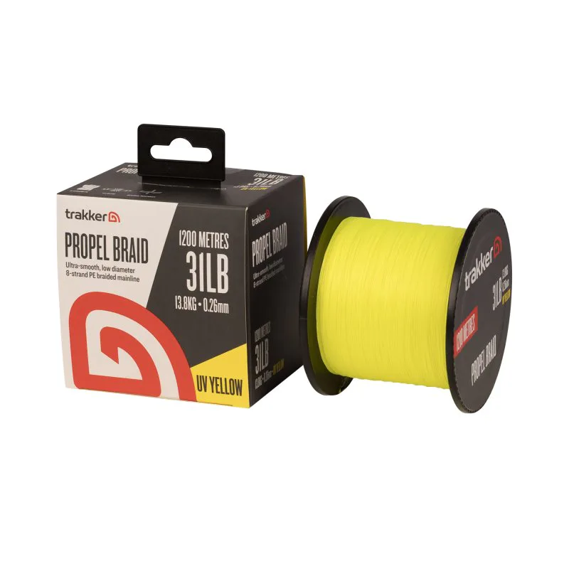Trakker Kmenová pletená šňůra Propel Braid 31lb, 13.8kg, 0,26mm, 1200m, UV-Yellow - MojeRybárstvo.sk Trakker Kmenová pletená šňůra Propel Braid 31lb, 13.8kg, 0,26mm, 1200m, UV-Yellow